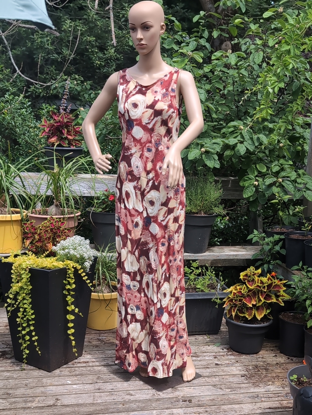 Vintage 90's Votre Nom Maroon Cream And Blue Floral Maxi Dress Made In France 38 - Picture 5 of 7